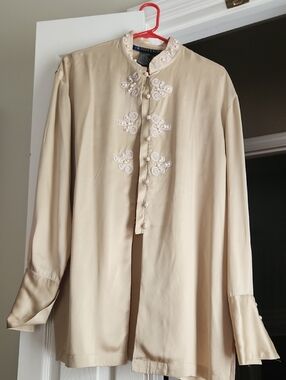 100% Silk Beige Embellished Mandarin Collar Jacket - Women
